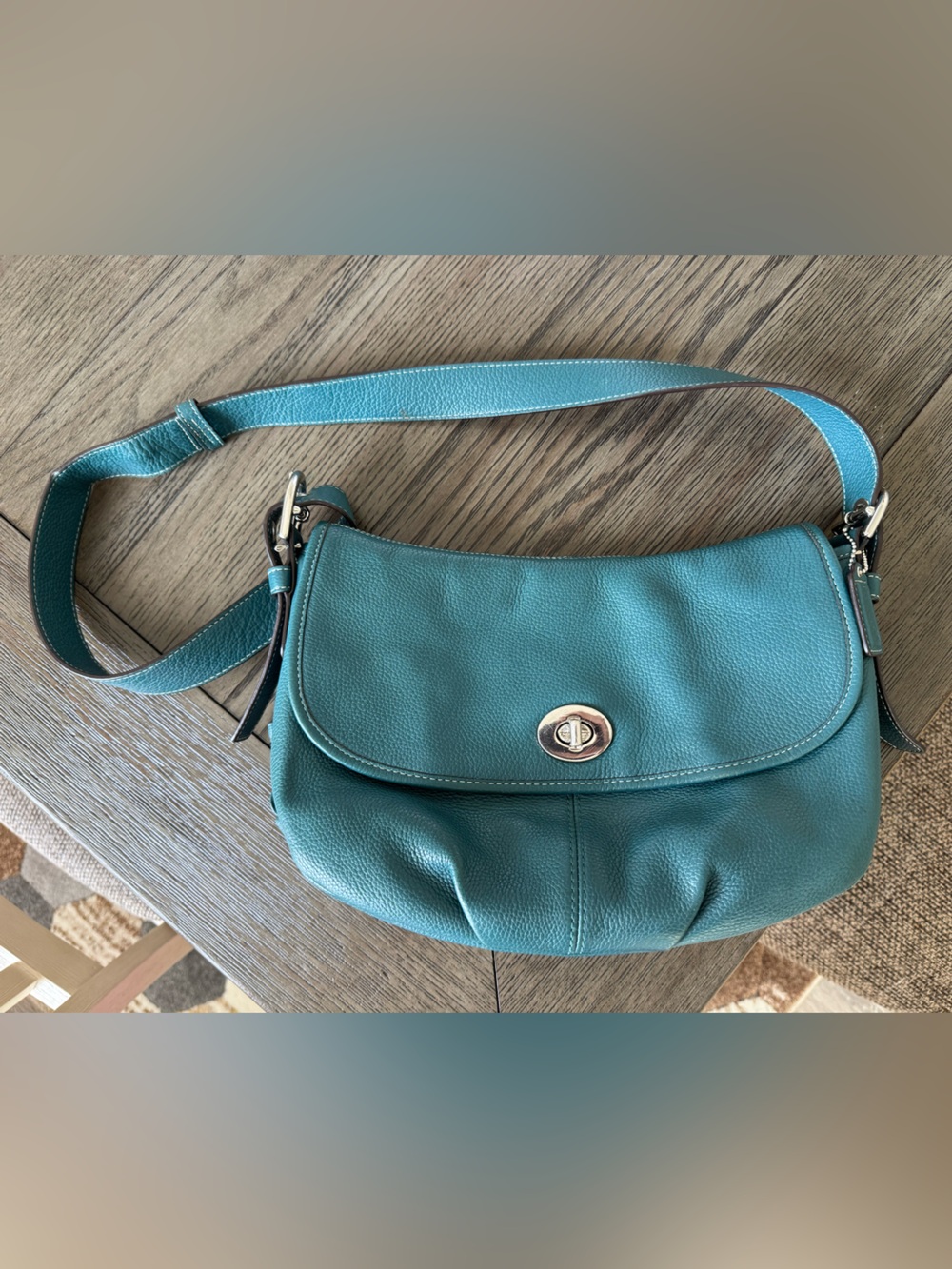 Coach Teal Leather Shoulder Bag with Turn-Lock Closure with wallet